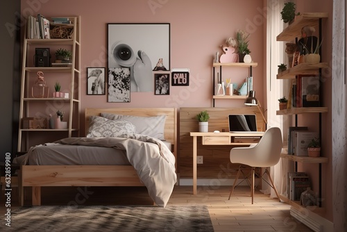 Teen Bedroom: Create a set of images that showcase a stylish, functional teen bedroom. Generative AI © create interior