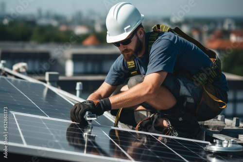 At Sunlight man worker fixes solar panels on a metal basis, A worker fixing solar panels on the roof, and a male fixing a solar panel in the daytime. 