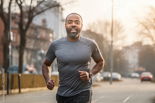 Jogging workout. Middle aged arican american man during jogging workout on city street.