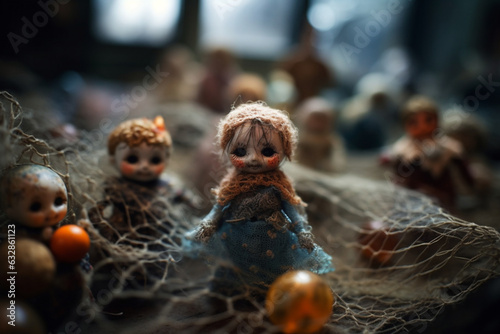 Abandoned toy dolls in a cobweb-covered attic - Halloween, bokeh 