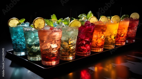 Glasses with drinks of different colors at the bar.