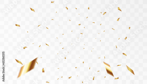 Confetti on a transparent background. Falling shiny golden confetti. Bright golden festive tinsel. Holiday design elements for web banner, poster, flyer, invitation. Vector	
