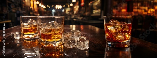 Glasses of whiskey at the bar.