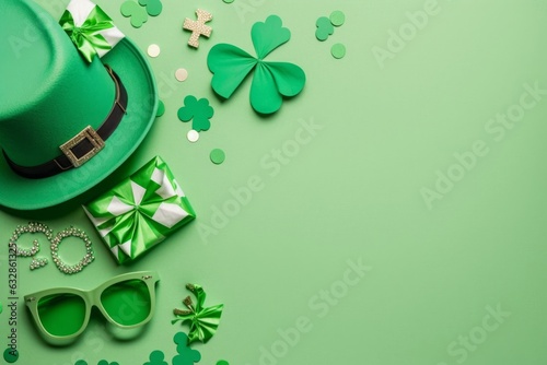 Top view photo of st patricks day decorations hat shaped party glasses horseshoe with green shamrock clover shaped confetti and giftbox on isolated pastel green background with, Generative AI