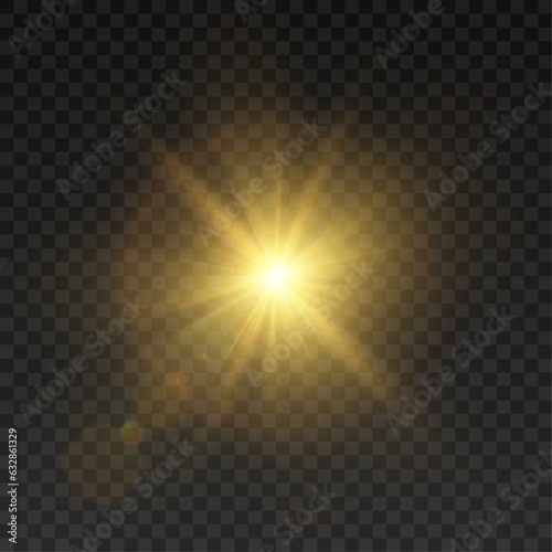 The effect of bright sunlight. Twinkling gold star on a transparent background.Bright light effect. 