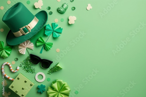 Top view photo of st patricks day decorations hat shaped party glasses horseshoe with green shamrock clover shaped confetti and giftbox on isolated pastel green background with, Generative AI