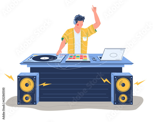 Young man dj standing at turntable mixing tracks vector illustration