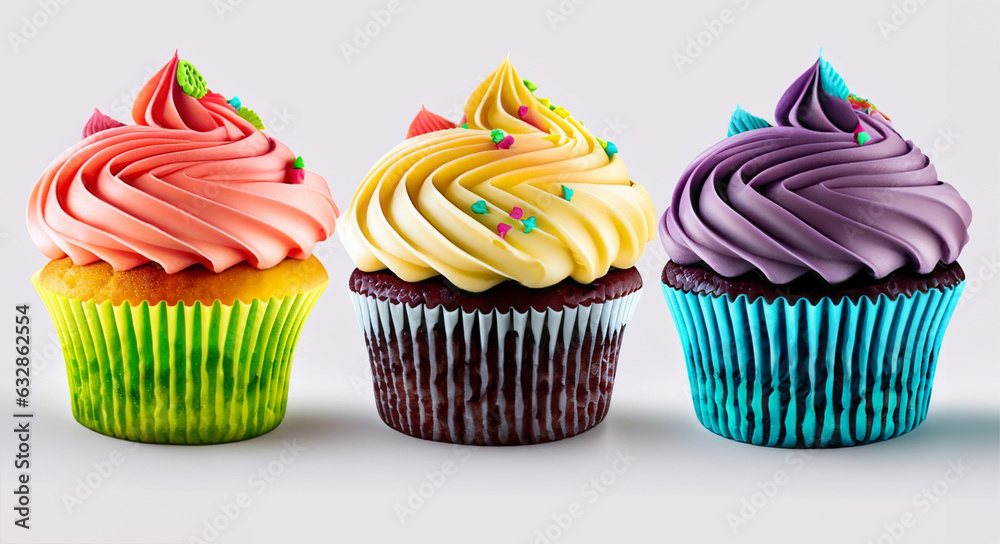 Colorful cupcake isolated on white. Delicious cupcake with frosting Colorful cupcake isolated on white. Delicious cupcake with frosting