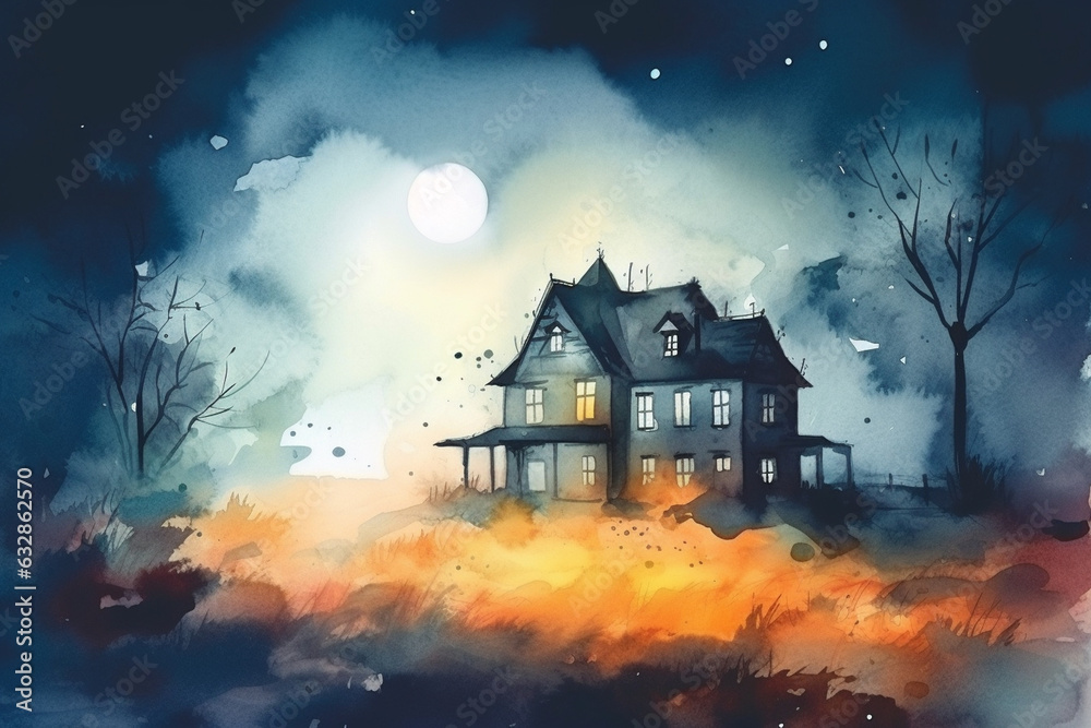 Spooky haunted house in a misty night, Watercolor Halloween backgrounds, 