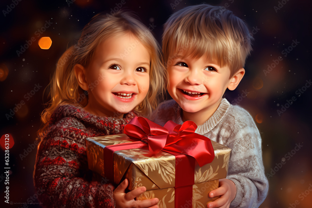 A boy and a girl are holding a Christmas present. New Year, Christmas background A boy and a girl are holding a Christmas present. New Year, Christmas background