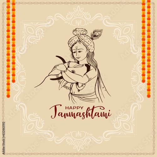 Happy janmashtami festival card with Krishna line art design