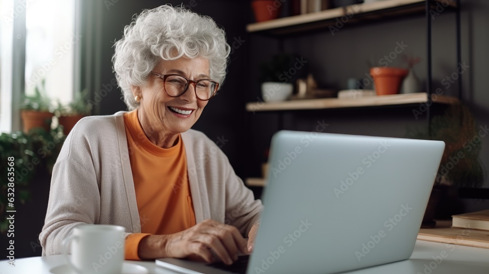 Photography of a pleased, woman in his 90s that is working on a laptop wearing a casual outfit against a home office background. Generative AI Photography of a pleased, woman in his 90s that is working on a laptop wearing a casual outfit against a home office background. Generative AI