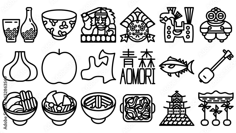 青森県のアイコンセット。シンプルなベクター線画イラスト。 Aomori prefecture icon set. Simple vector ...