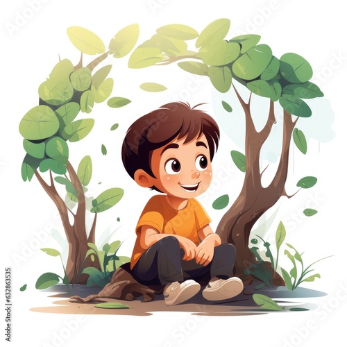 The boy playing under the tree cartoon illustration, AI generated Image