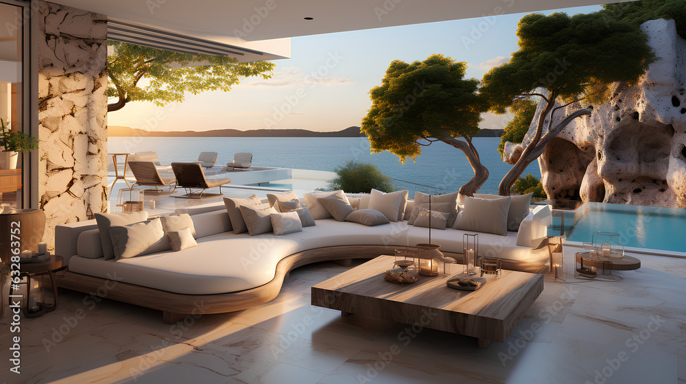 Fototapeta premium 3D rendering of a beautiful terrace with a view of the sea