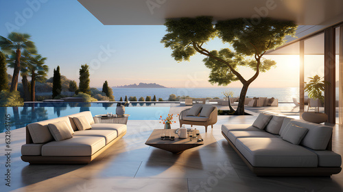Swimming pool and terrace in luxury villa 3D rendering