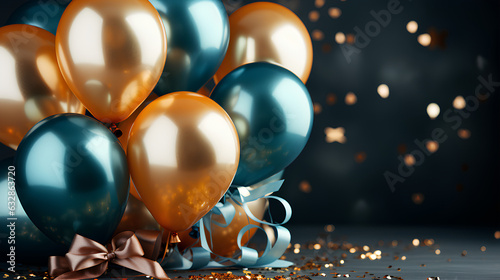 3d render of golden and blue balloons with ribbons and confetti