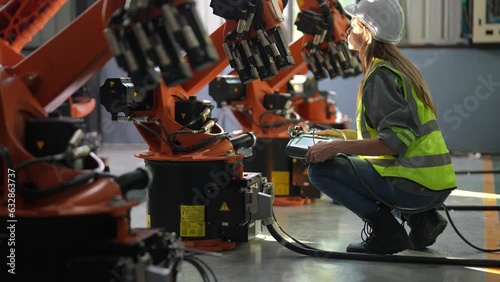 Technology and industrial processes, industrial engineer working on automated robotic arm in factory.