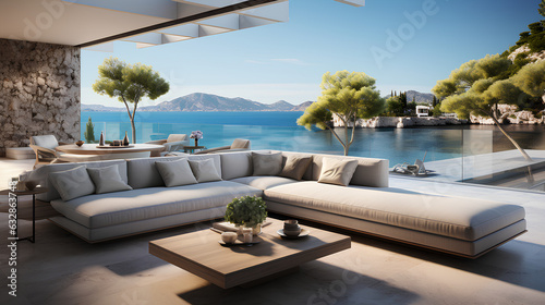 3d render of a modern living room with a view of the sea