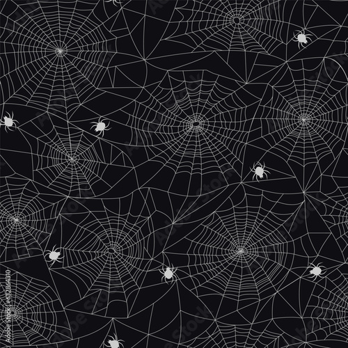 Seamless pattern with spiderweb and spiders. Halloween decoration with cobweb.