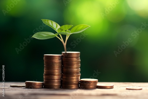 Growing Wealth: Plant Sprouting on a Stack of Metal Coins with Green Background, Generative AI