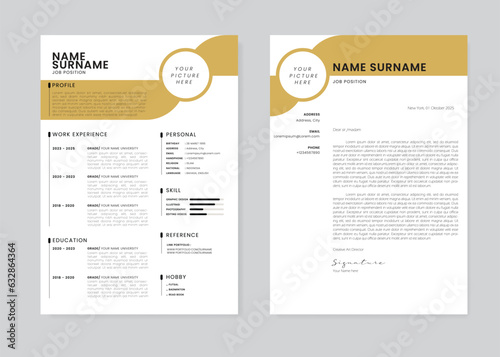 Minimalist CV Resume and Cover Letter Design Template. Curriculum Vitae Clean and Clear Professional Modern Design. Stylish Minimalist Elements and Icons with Gold and White Color - Vector Template.