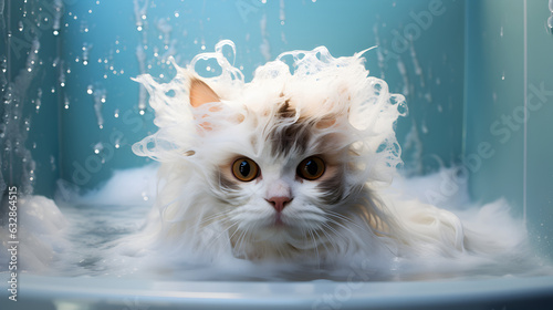 Fotografiet toilettage d'un chat dans une bassine pleine d'eau
