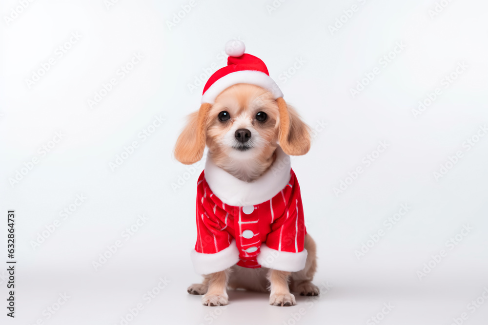 Christmas dog in a New Year's costume on a white isolated background Christmas dog in a New Year's costume on a white isolated background