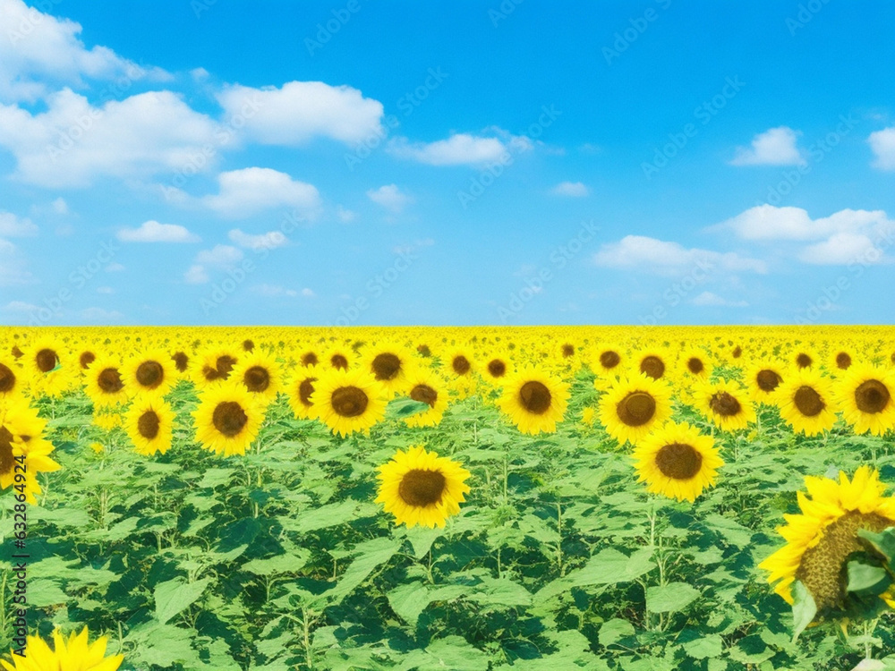 sunflower field on a background of blue sky, beautiful photo digital picture