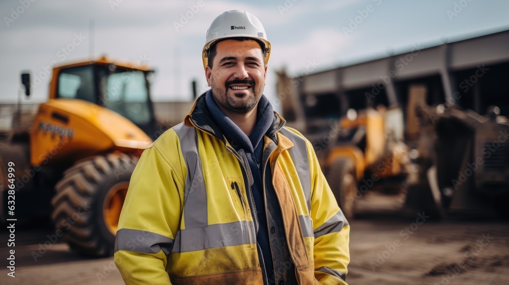Photography of a pleased, man in his 30s that is operating heavy machinery wearing a construction worker's attire against a construction site background. Photography of a pleased, man in his 30s that is operating heavy machinery wearing a construction worker's attire against a construction site background.