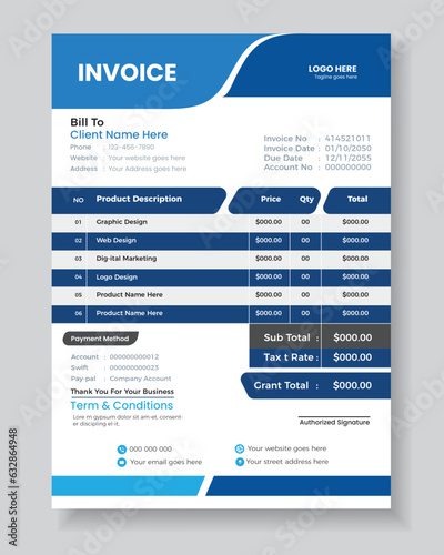 Modern Clean Invoice Design template. photo