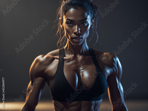 Black woman exudes strength and beauty, her muscles a testament to her dedication and empowerment.