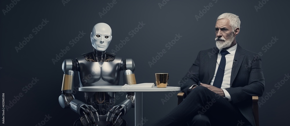 Obraz premium Futuristic Robot Man Sitting Next to a Man on a Chair, Generative AI
