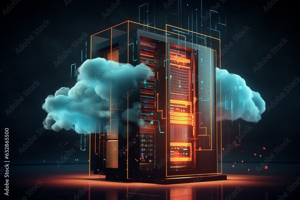 Cloud Computing: Server Tower with Clouds and Graphical Elements ...