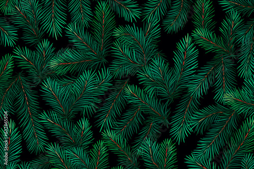 New Year, Christmas pattern of Christmas tree branches. Background, wallpaper. AI generated