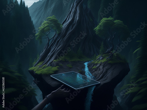 Illustration depicting a person engrossed in their device amidst a serene valley emphasizes the inextricable connection between modern technology and our innate need for nature's tranquility.