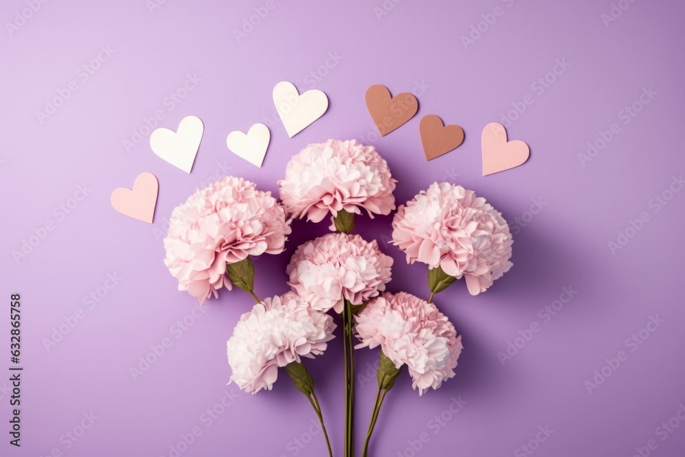  Pretty pink gift concept for Mother's Day. Top view flat lay of bouquet of carnation flowers, paper hearts on a soft pastel violet background with space for text or, Generative AI
