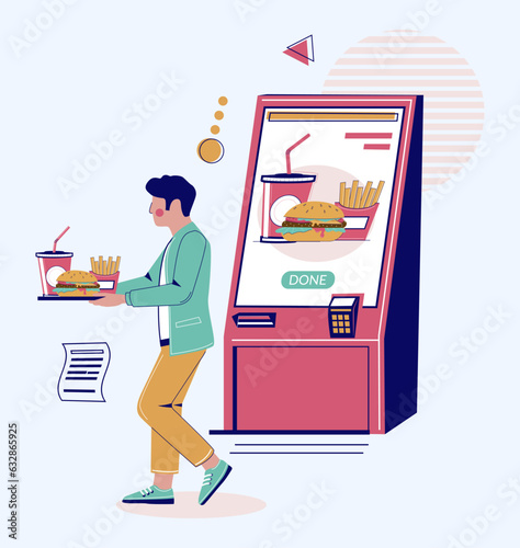 Man using self ordering food service vector illustration