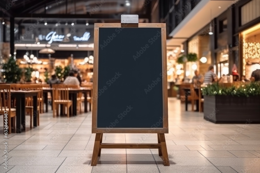 Advertising blank Blackboard, Blank restaurant shop sign or menu boards in shopping mall center, Blackboard sign mockup in front of a restaurant Signboard, Generative AI