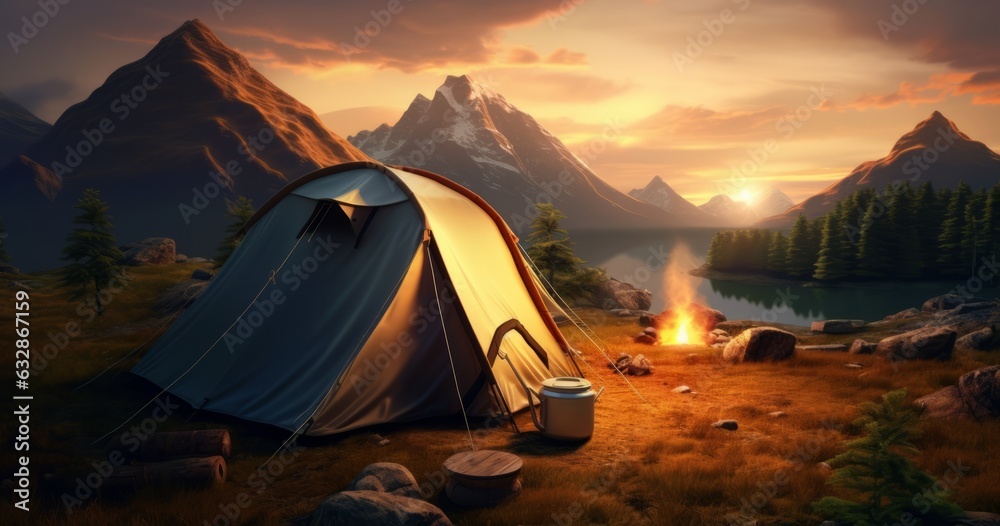 Mountain Sunset Camping Adventure: Tent Set Up in Majestic Scenery, Generative AI