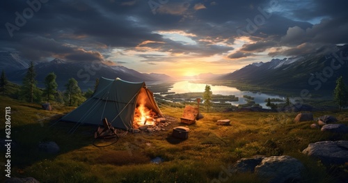 Mountain Sunset Camping Adventure: Tent Set Up in Majestic Scenery, Generative AI