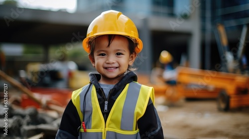 Photography of a pleased, child girl that is building a structure wearing a construction worker's uniform against a construction site background. Generative AI