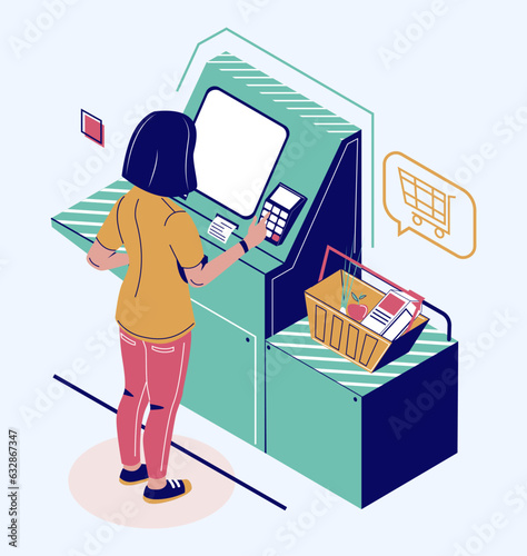 Woman using self ordering service for buying grocery food