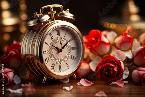 Alarm clock showcased against a charming vintage rose flower backdrop Generative AI