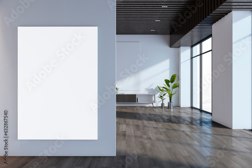 Modern wooden and concrete living room interior with blank white mock up poster, window and city view, furniture and decorative plant. 3D Rendering.
