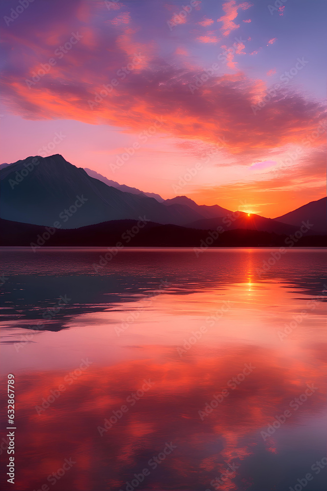 beautiful picture of a mesmerizing sunset reflecting on the water against the mountains