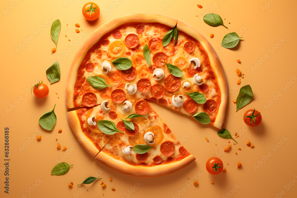 3d render of pizza cut out and placed, top view, photo-realistic style