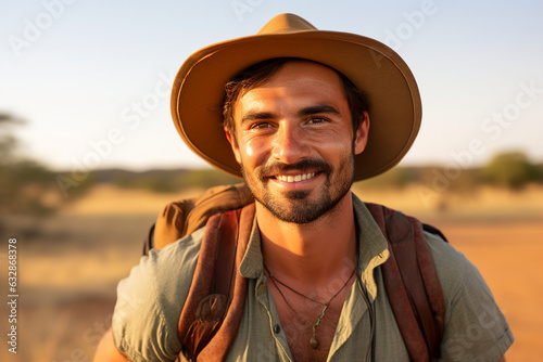 Generative AI picture young handsome man exploring desert traveler hobby world trip wildlife conditions