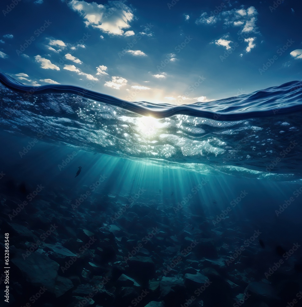 Blue sea surface and blue sky with clouds reflected in the water ...