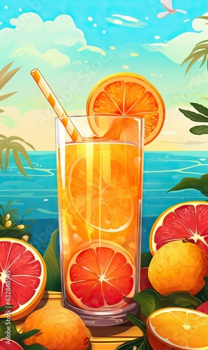 Illustration of a glass of orange juice with ice cubes on the beach
